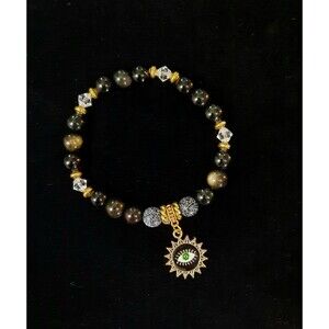 Silver Sheen Obsidian/ Black Agate Evil Eye Stretch Bracelet
